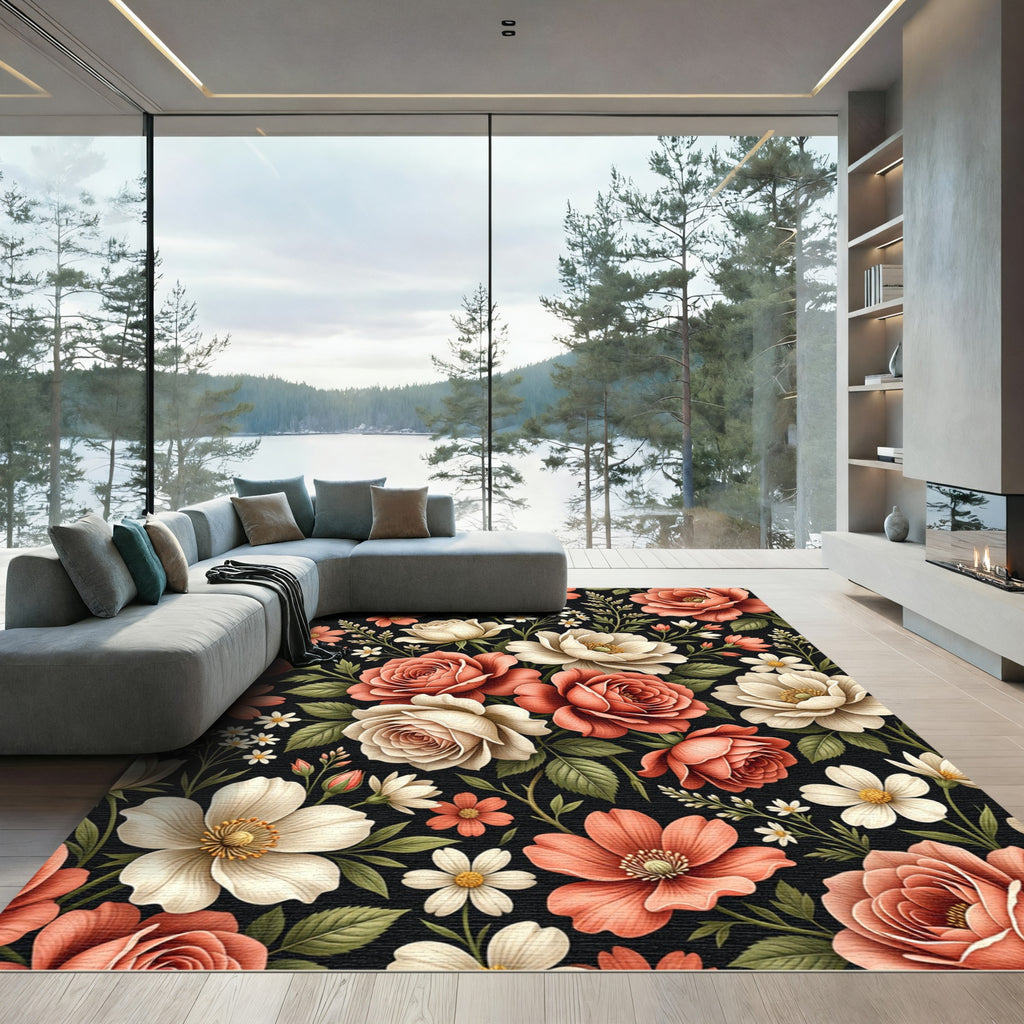 Coral Peach Rose Blossom Garden Rug