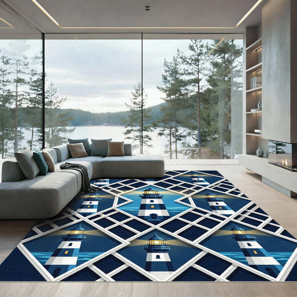 Geometric Blue Lighthouse Beacon Rug