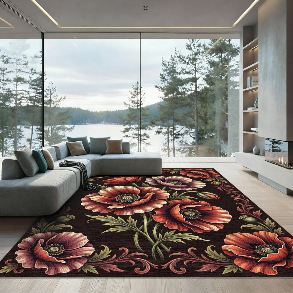 Vintage Crimson Poppy Floral Tapestry Rug