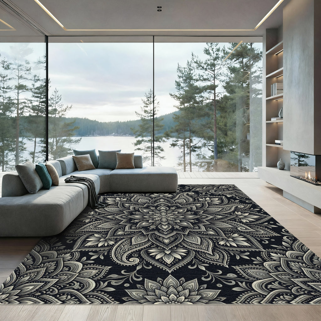 Monochrome Mandala Paisley Floral Medallion Rug