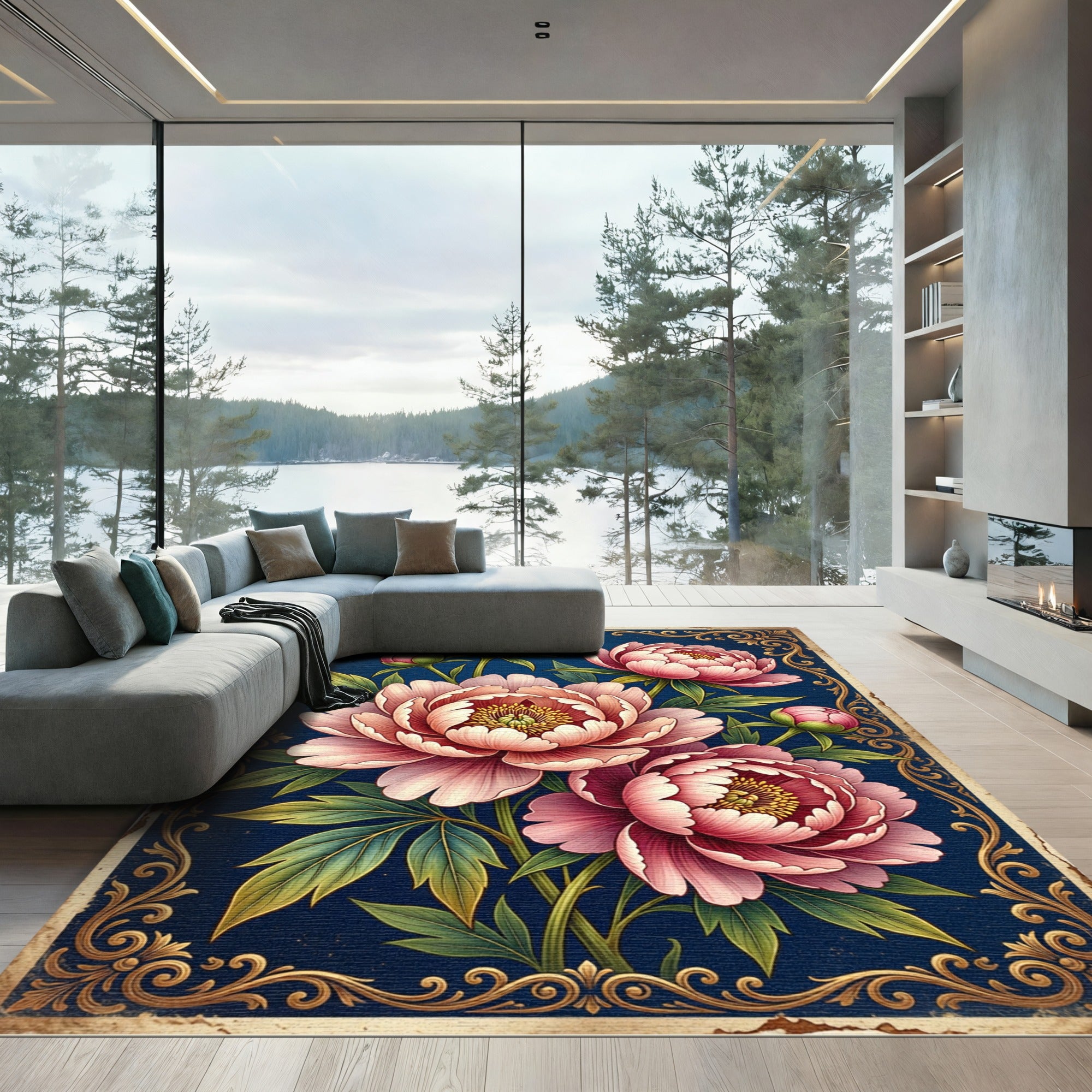 Elegant Pink Peony Floral Navy Rug