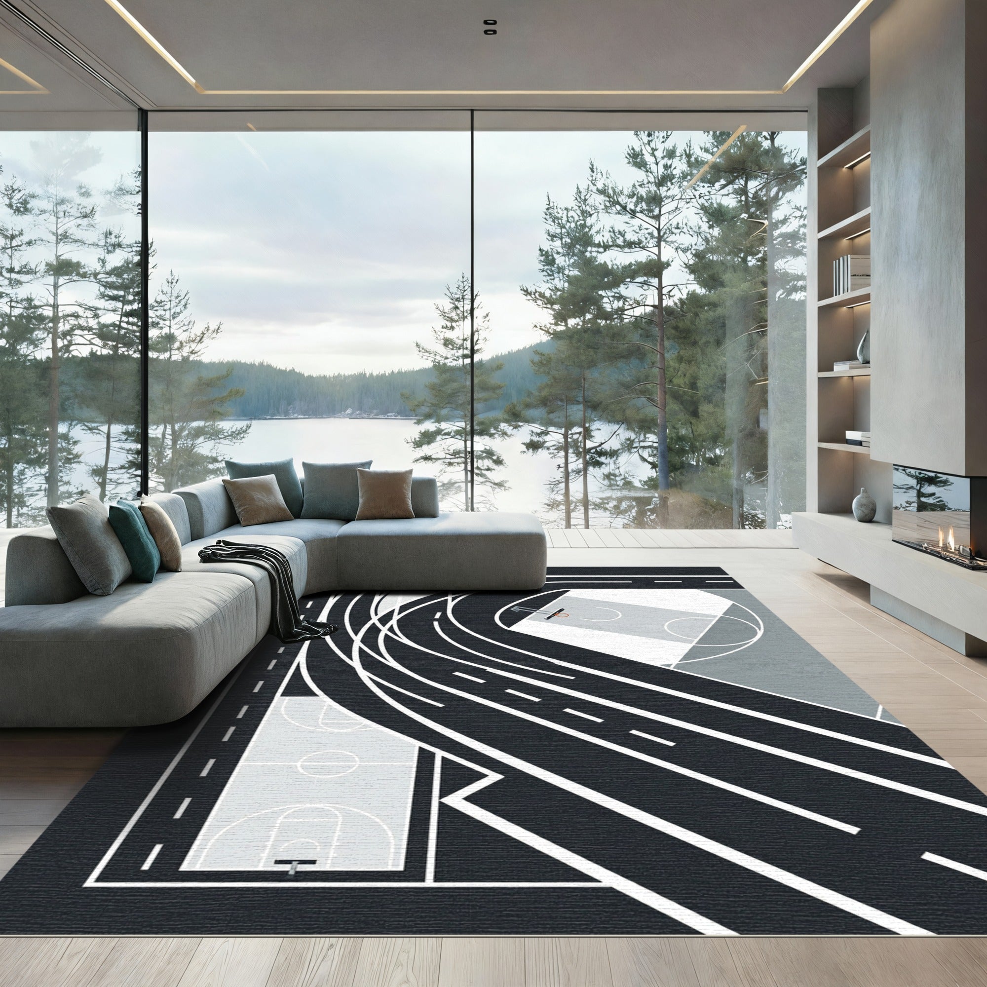 Modern Black and White Athletic Court Abstract Rug