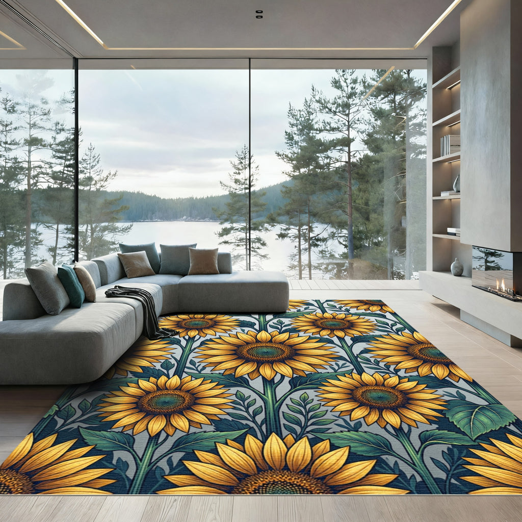 Radiant Golden Sunflower Botanical Illustration Rug
