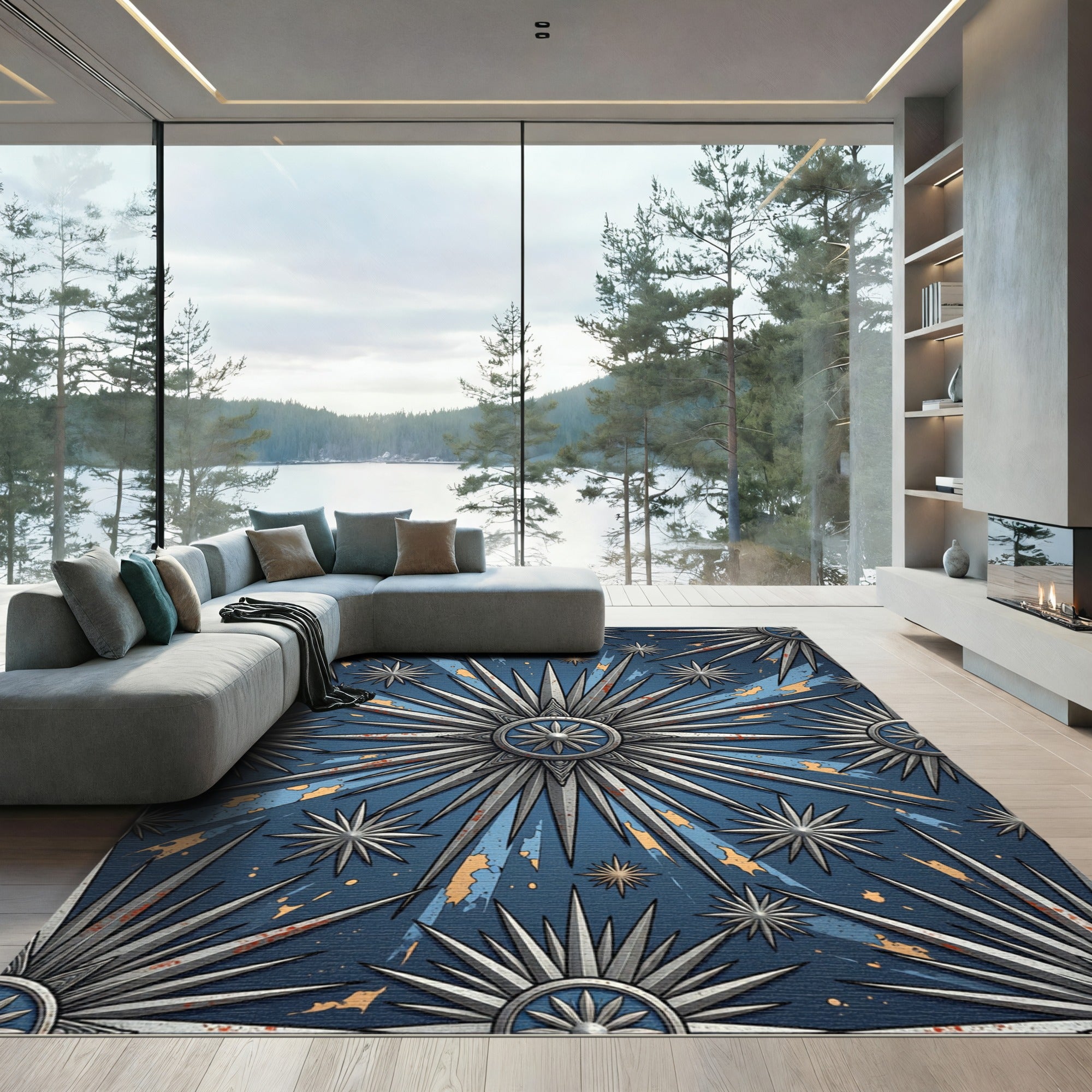 Celestial Silver Starburst Navy Area Rug