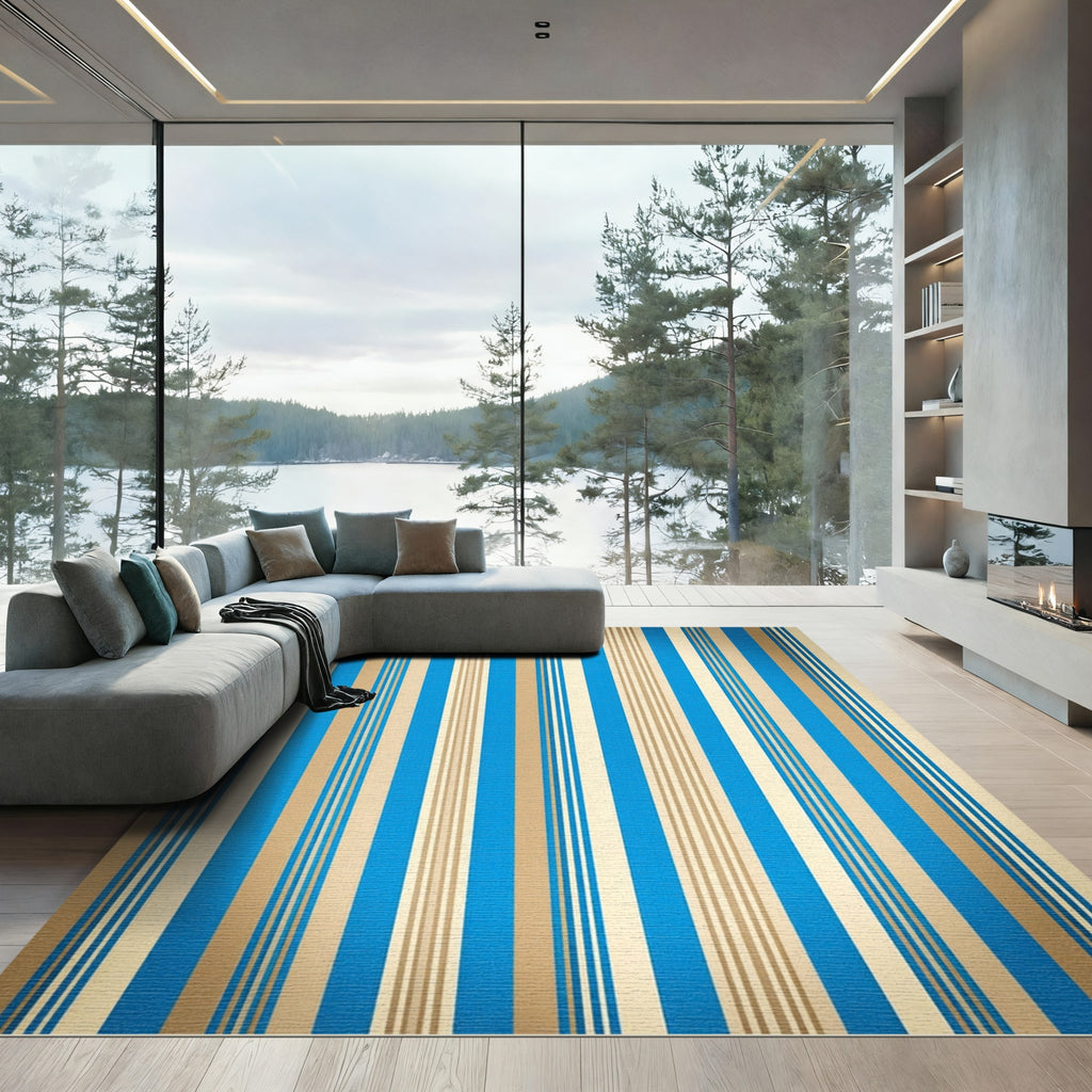 Vibrant Blue and Tan Pinstriped Accent Rug