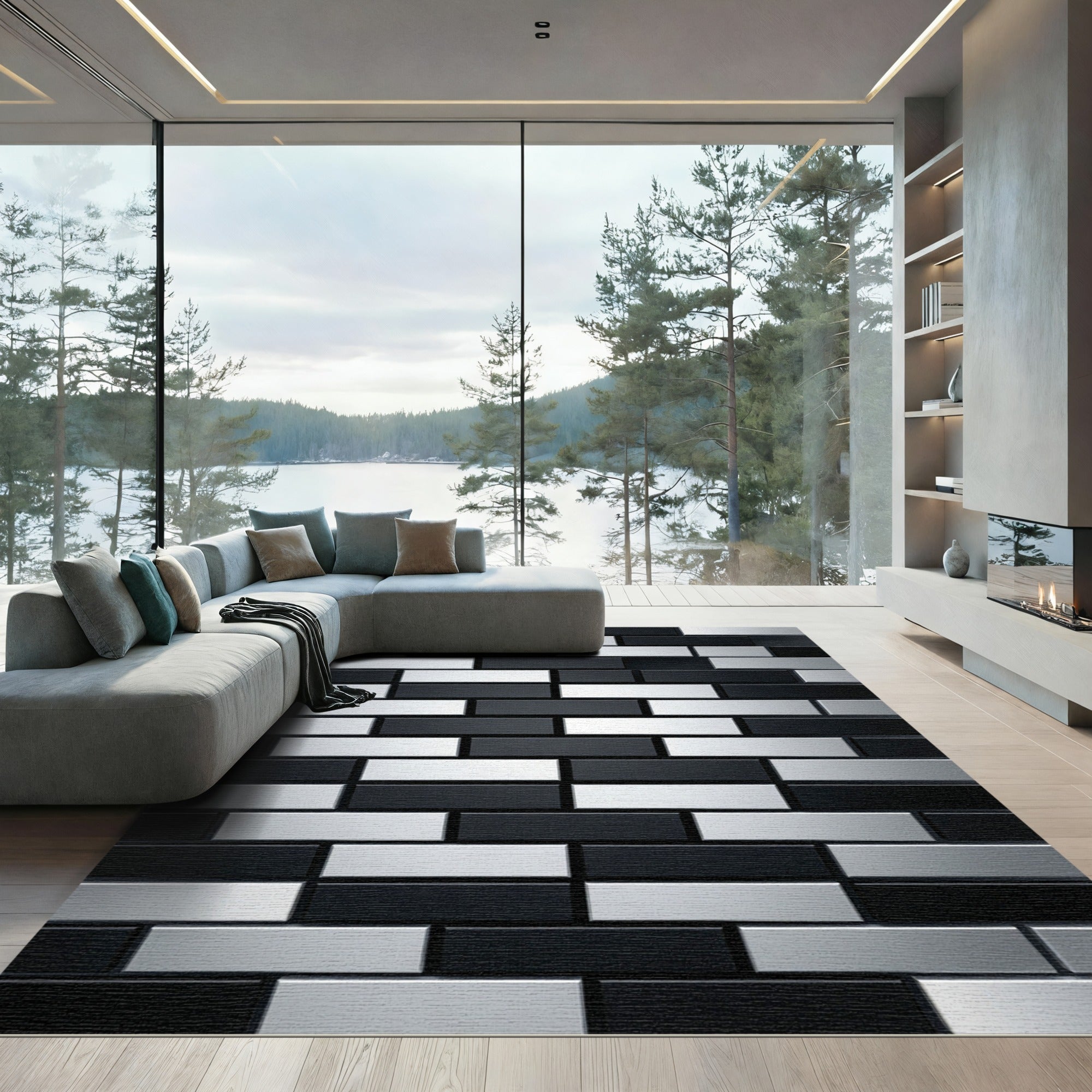 Modern Black White Brick Area Rug