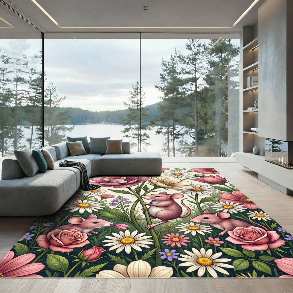 Whimsical Pink Mouse Floral Garden Rug