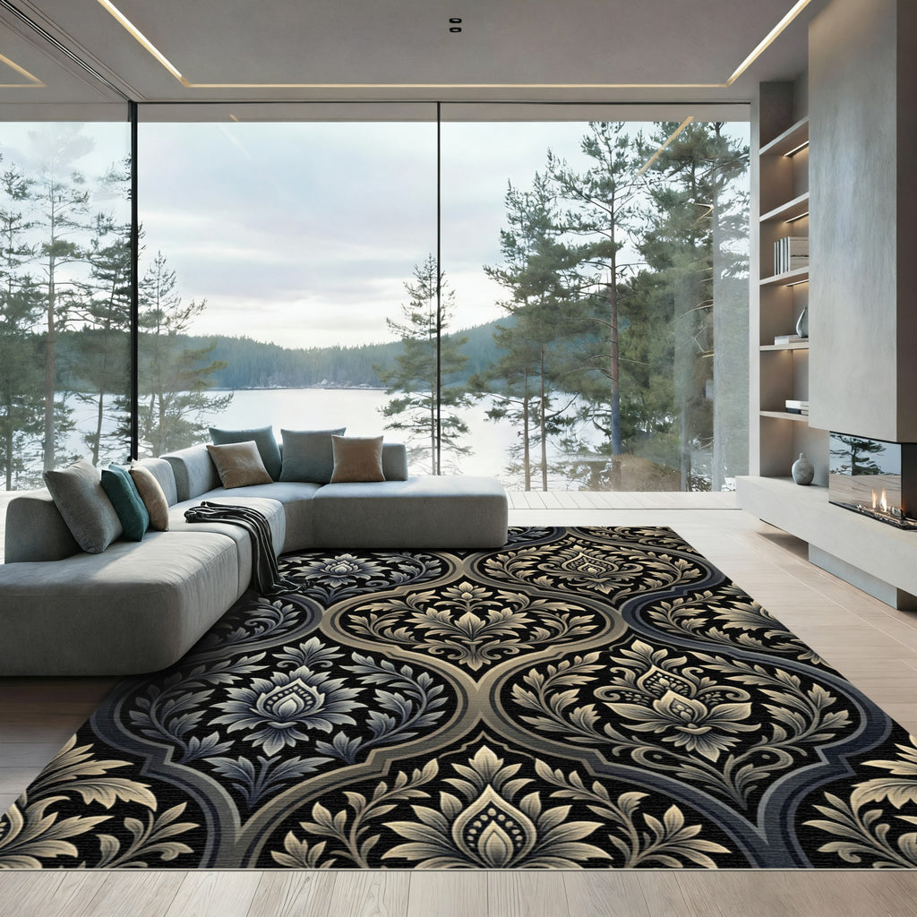 Ornate Black Gray Floral Damask Rug