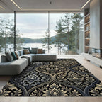 Ornate Black Gray Floral Damask Rug