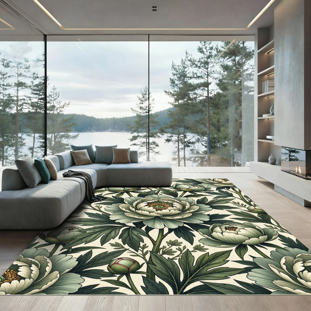 Sage Botanical Peony Floral Illustration Rug