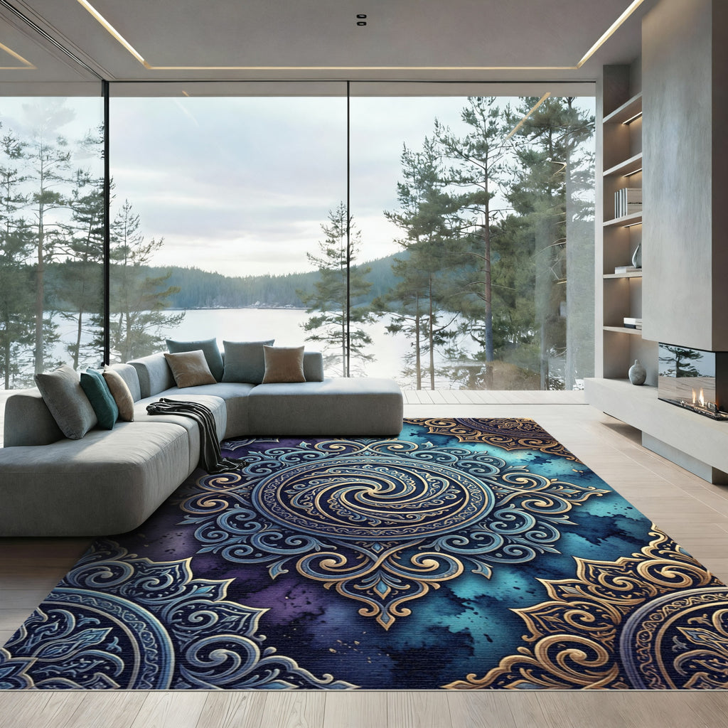 Elegant Navy Golden Swirl Medallion Rug