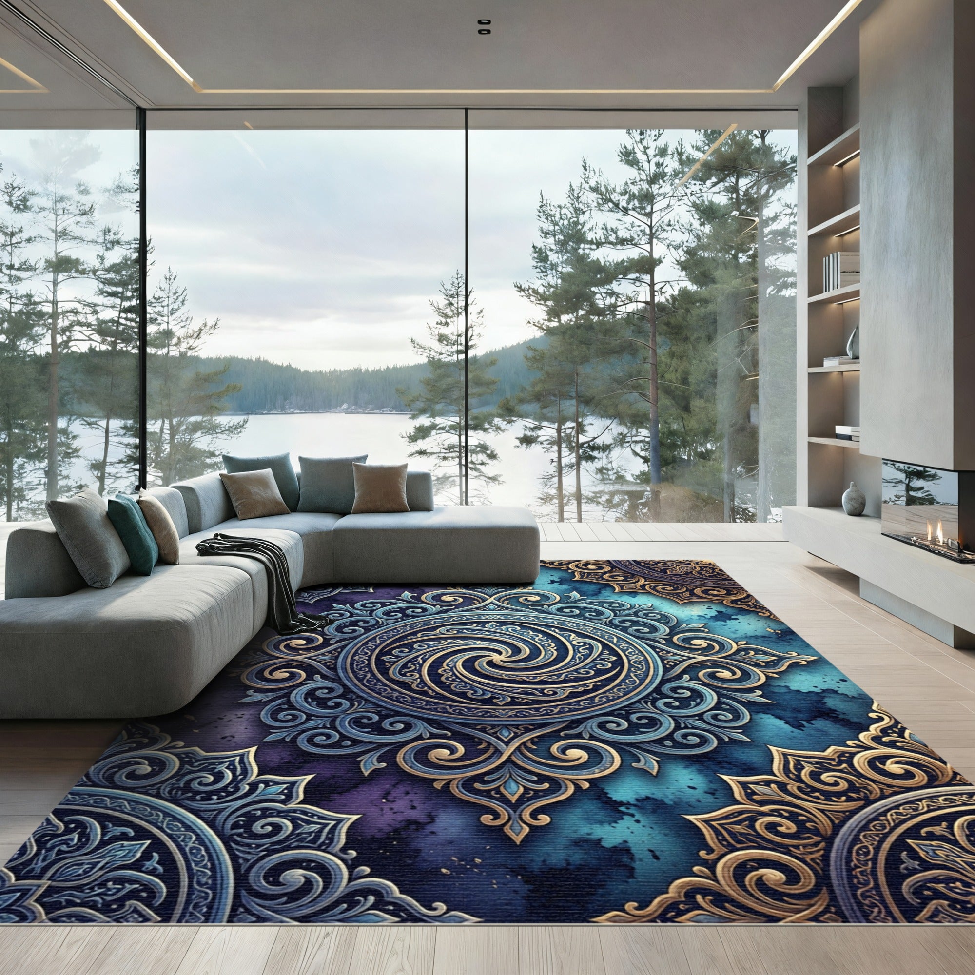 Elegant Navy Golden Swirl Medallion Rug