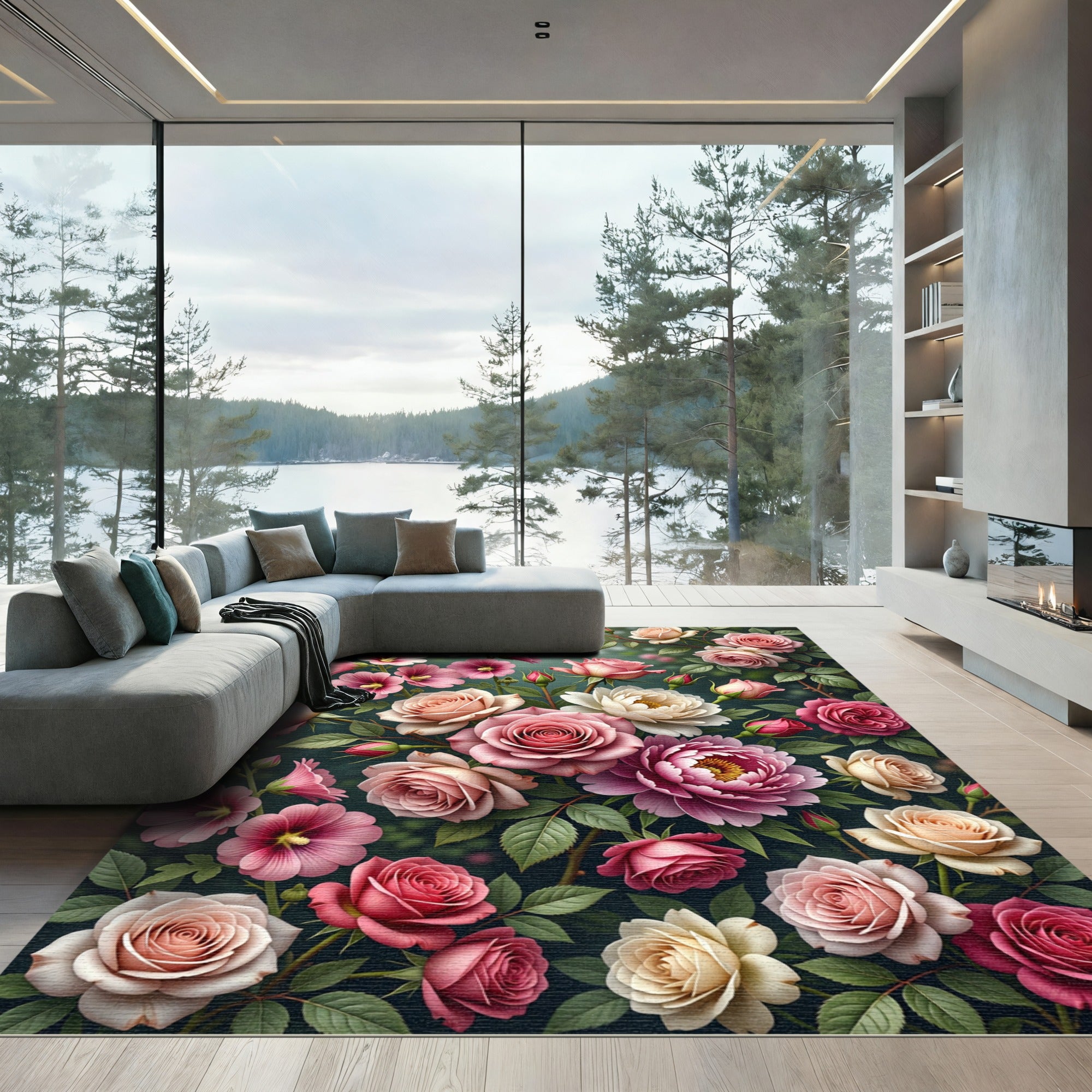 Pink Rose and Hollyhock Garden Rug