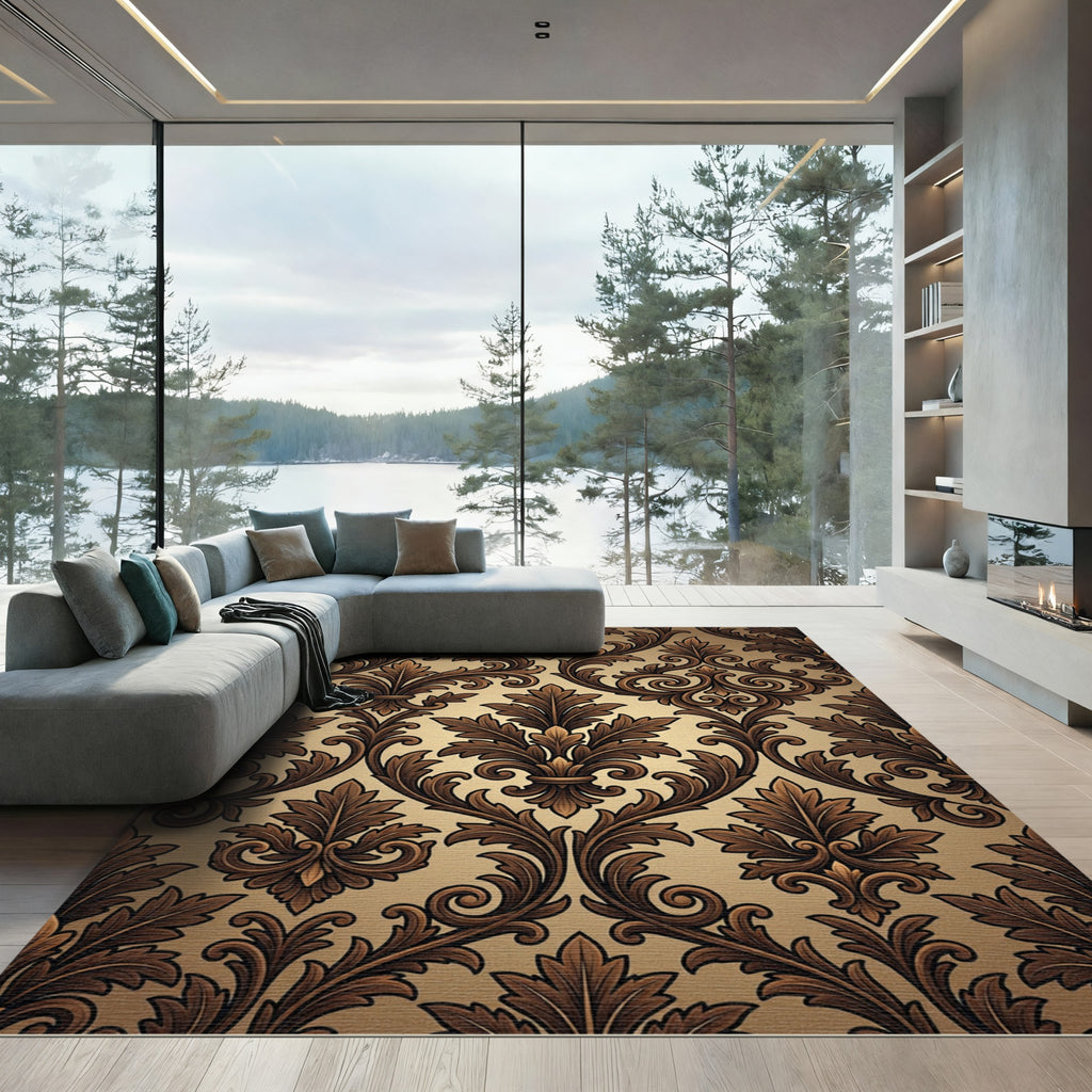 Elegant Bronze Damask Scroll Art Rug