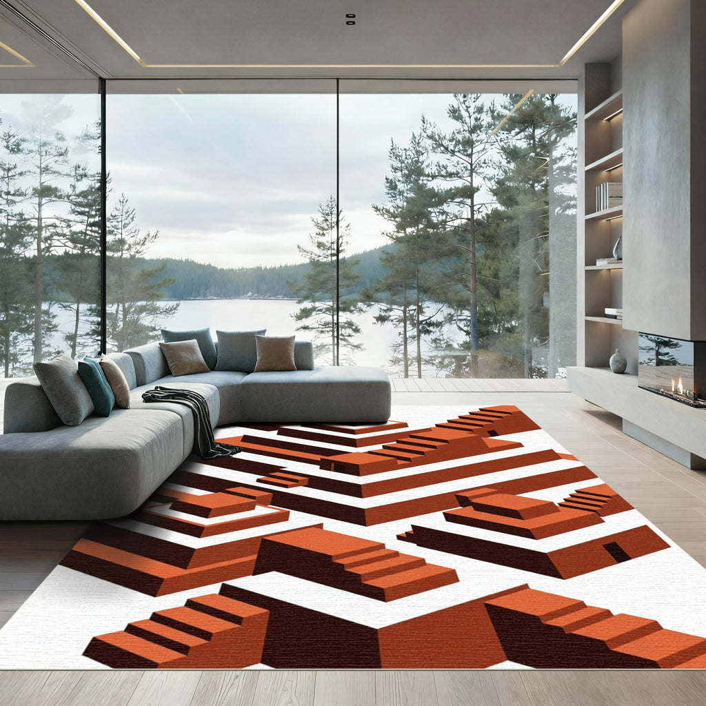Orange Terracotta Geometric Stairway Composition Rug