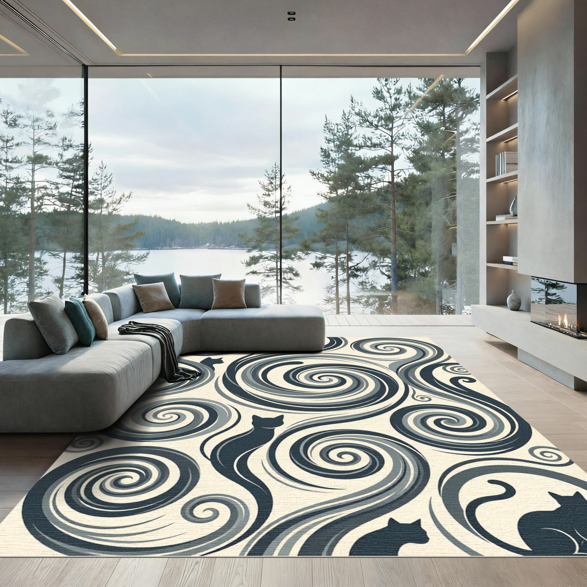 Gray Swirls Silhouettes Cats Rug