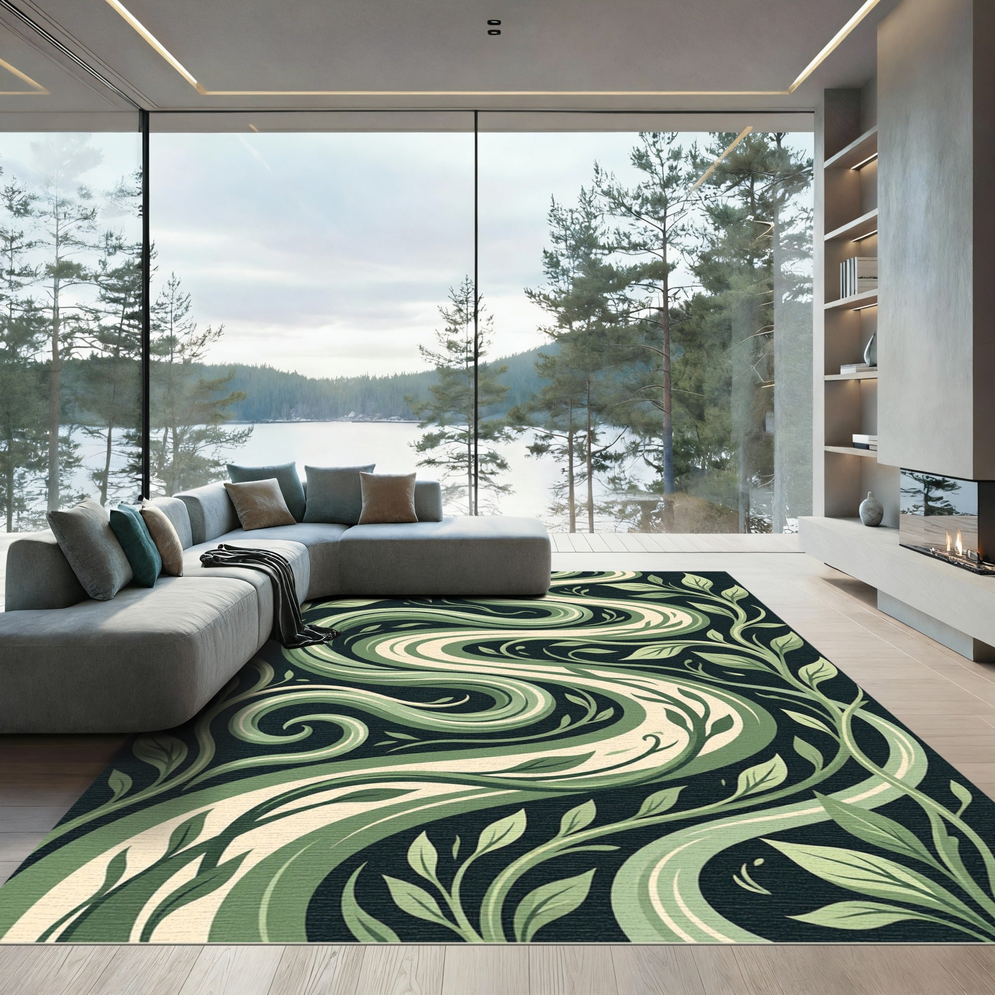 Serpentine Green Botanical Leaf Swirls Rug