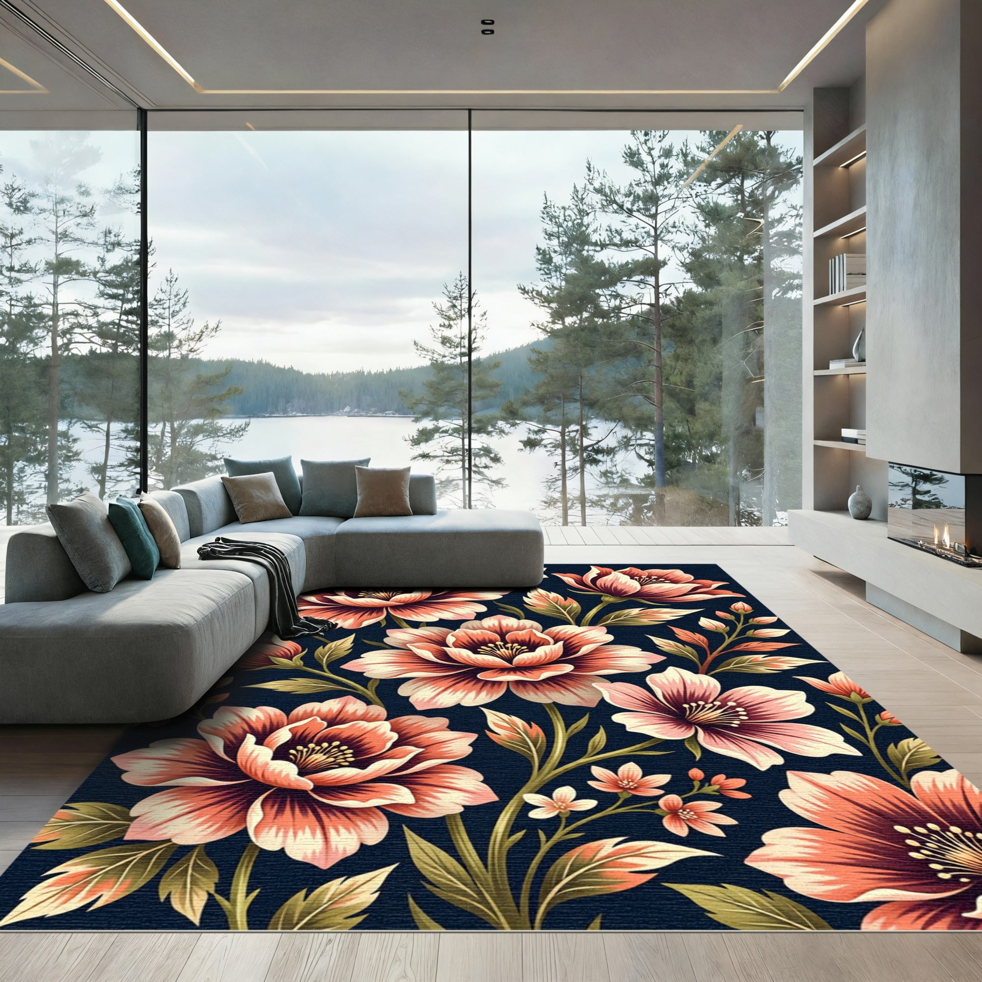 Coral Peony Blossom Garden Rug