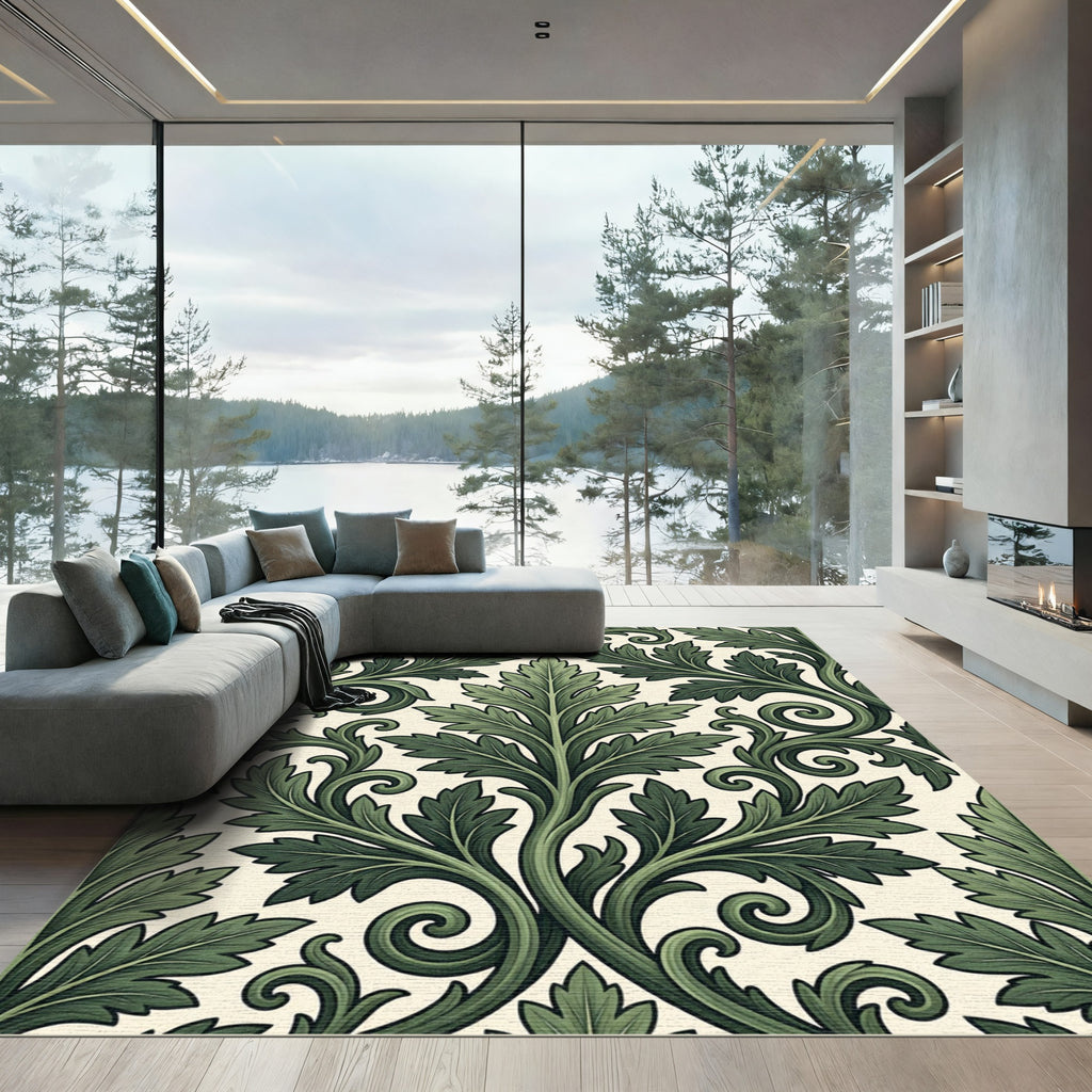 Classic Forest Green Acanthus Leaf Damask Rug
