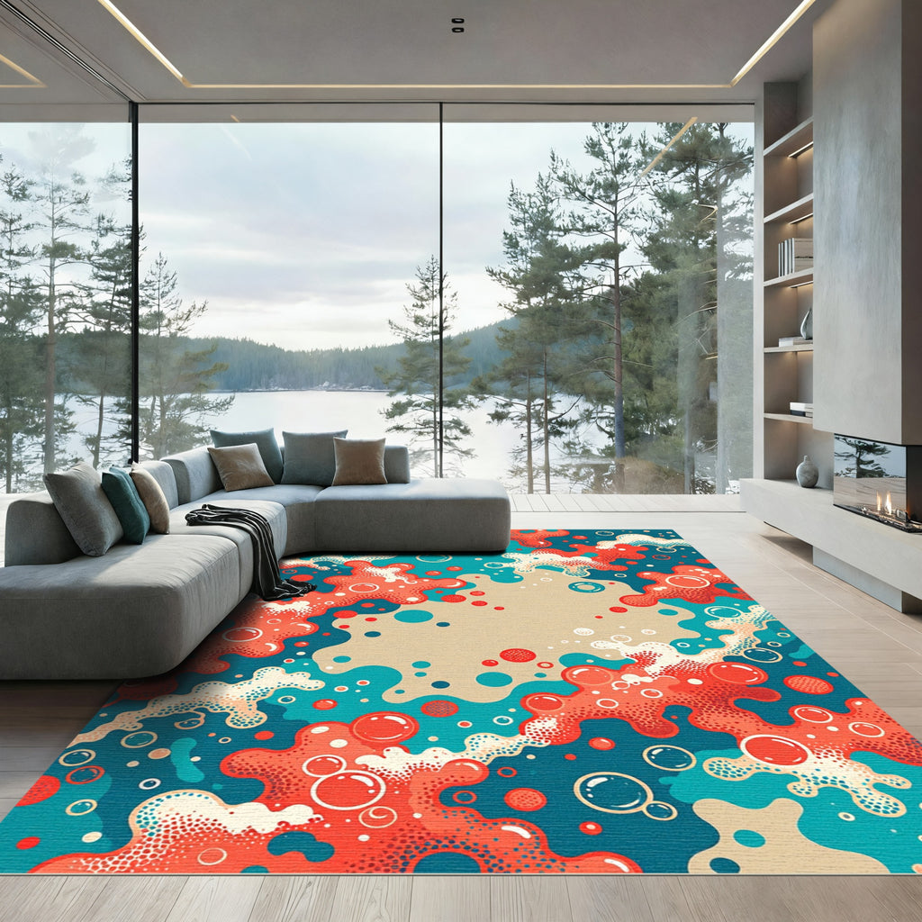 Vibrant Coral Teal Bubbling Abstract Art Rug
