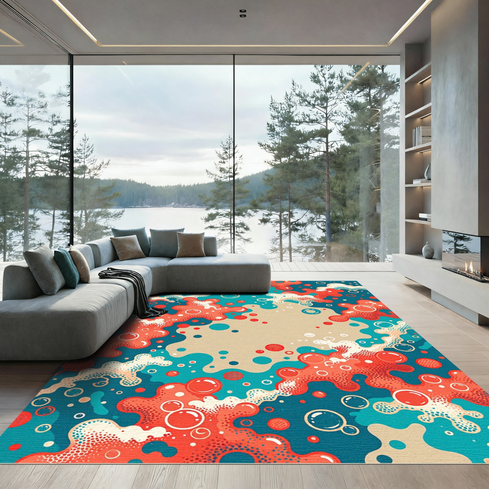 Vibrant Coral Teal Bubbling Abstract Art Rug