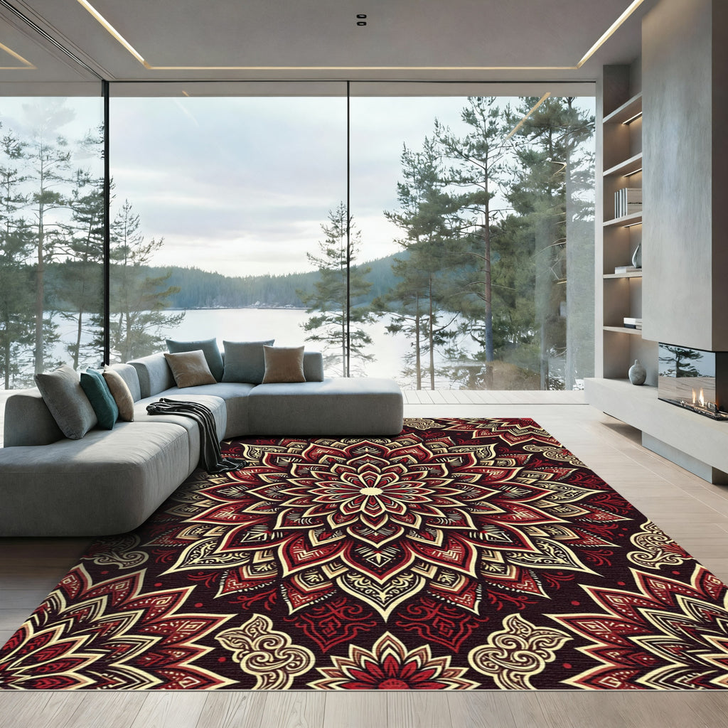 Deep Red Gold Floral Mandala Rug