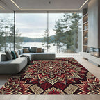 Deep Red Gold Floral Mandala Rug