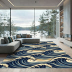Deep Blue Overlapping Wave Composition Rug