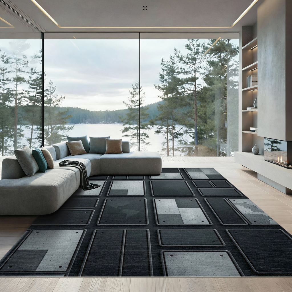 Gray Concrete Panel Grid Rug