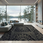 Intricate Charcoal Metallic Medallion Arched Art Rug