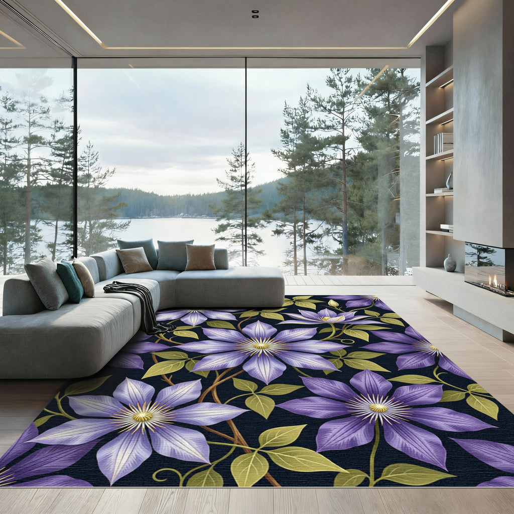 Vibrant Purple Clematis Botanical Floral Rug