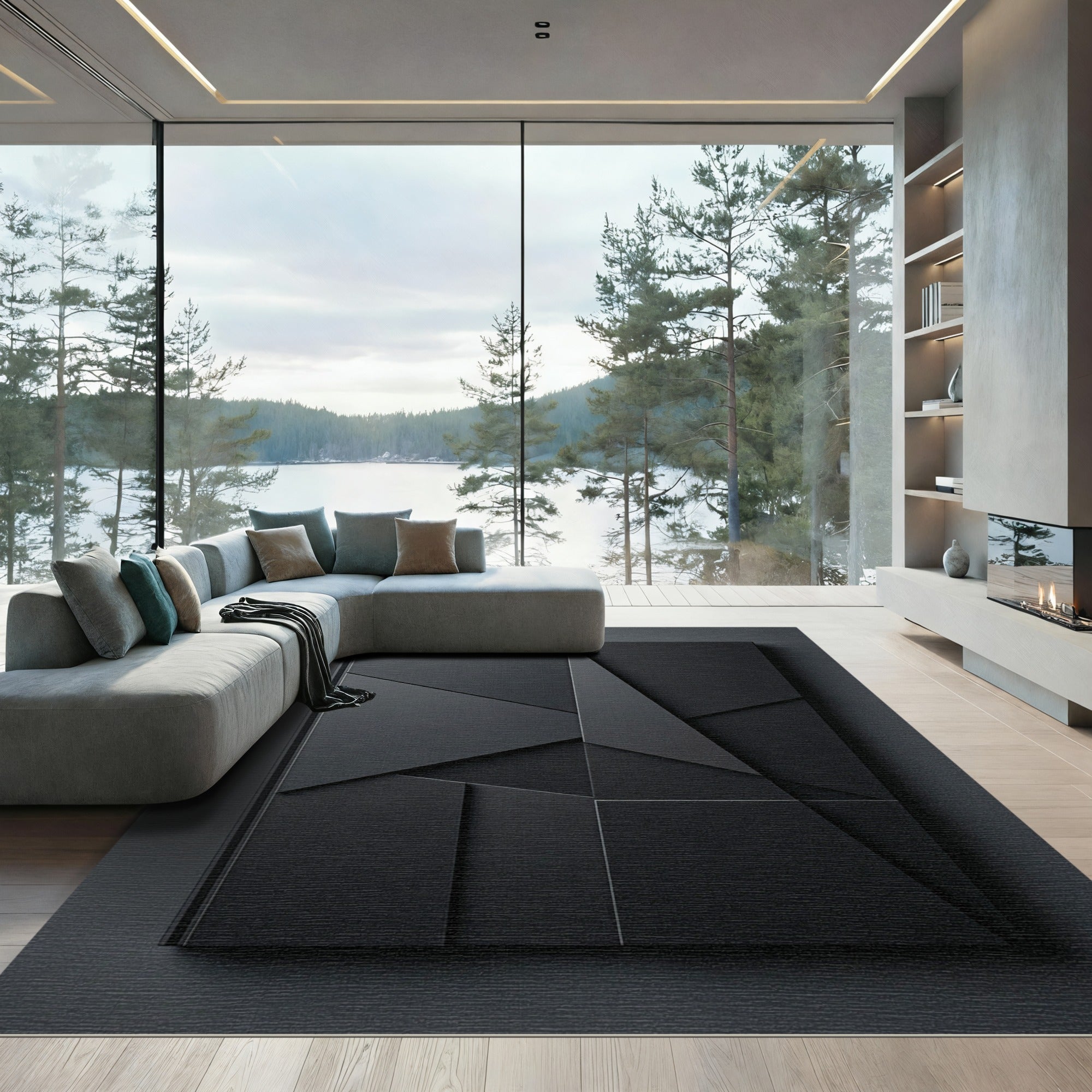 Monochromatic Black Geometric Overlay Rug