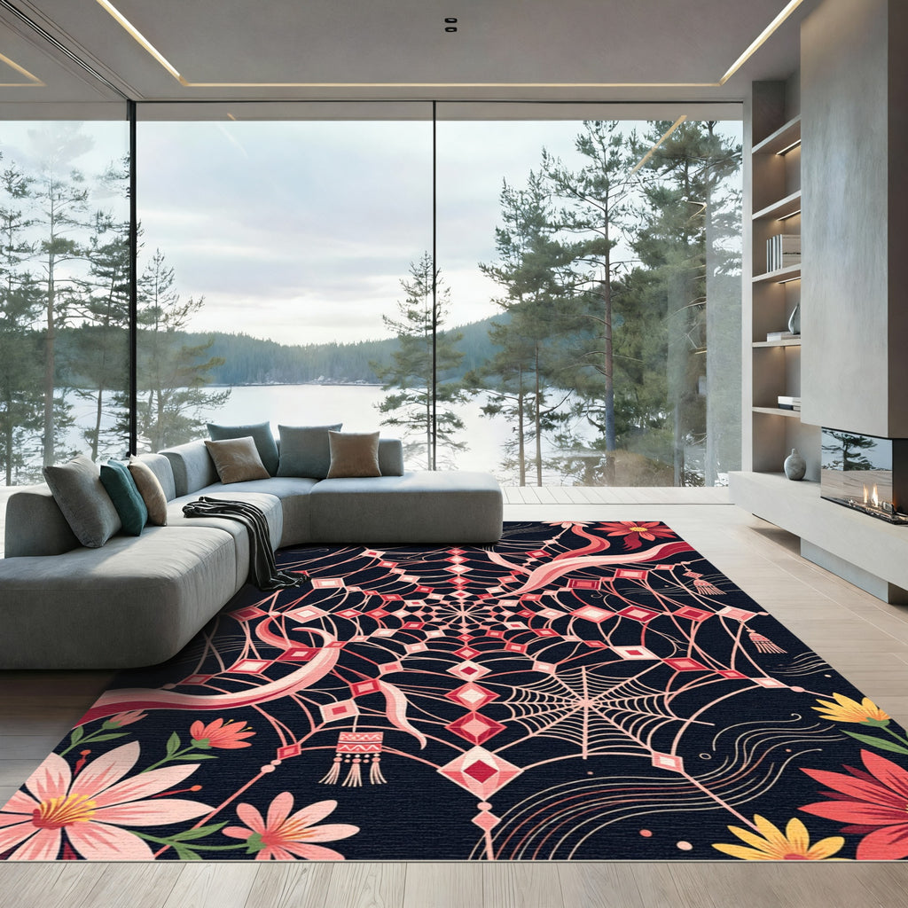 Ethereal Crimson Floral Spider Web Rug