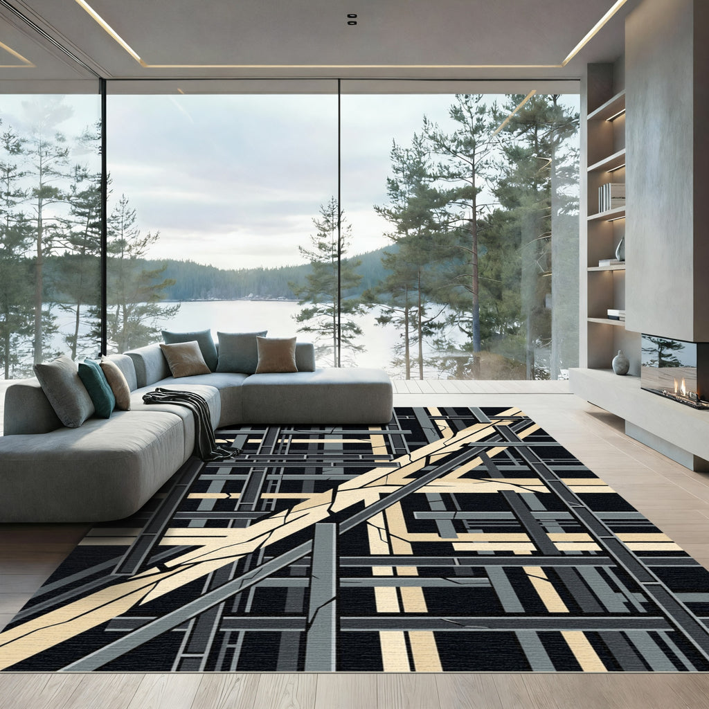 Industrial Geometric Beam Grid Structure Rug