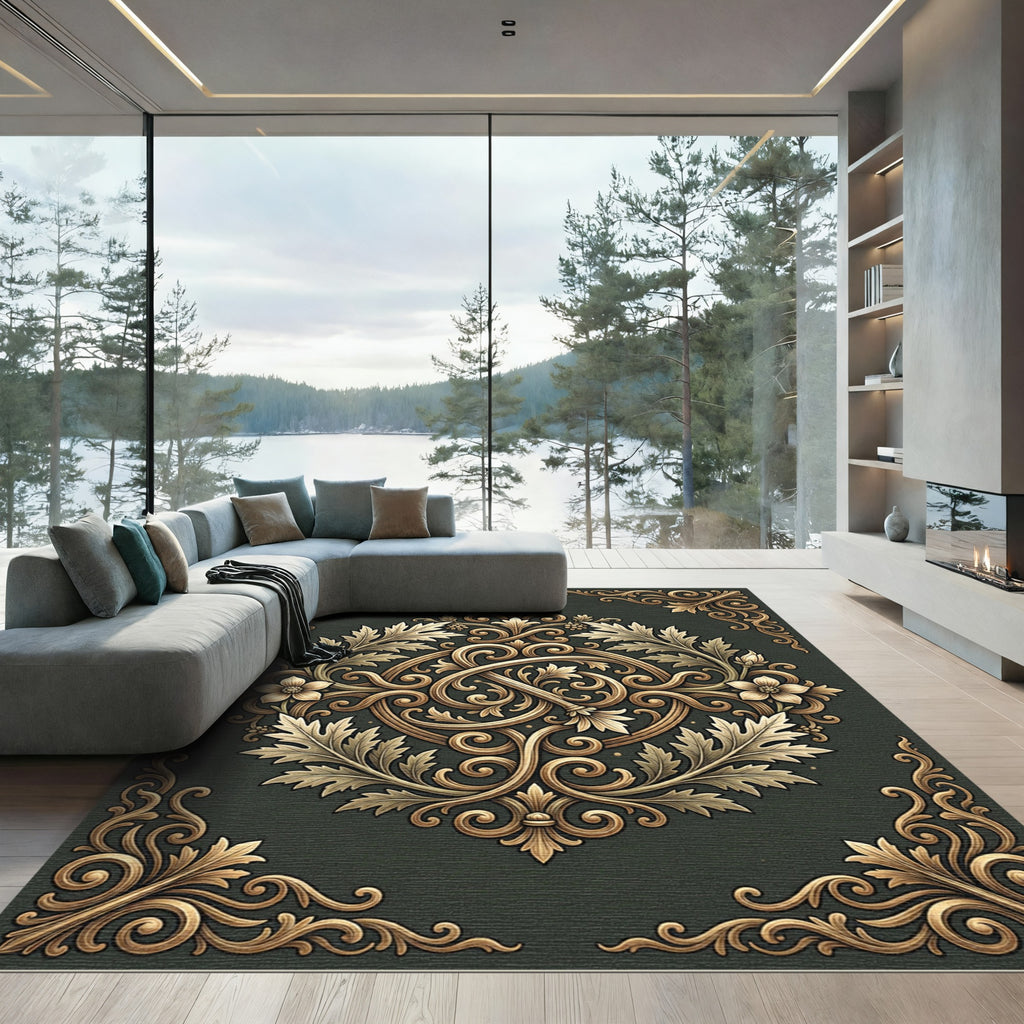Opulent Gold Scrollwork Floral Medallion Rug