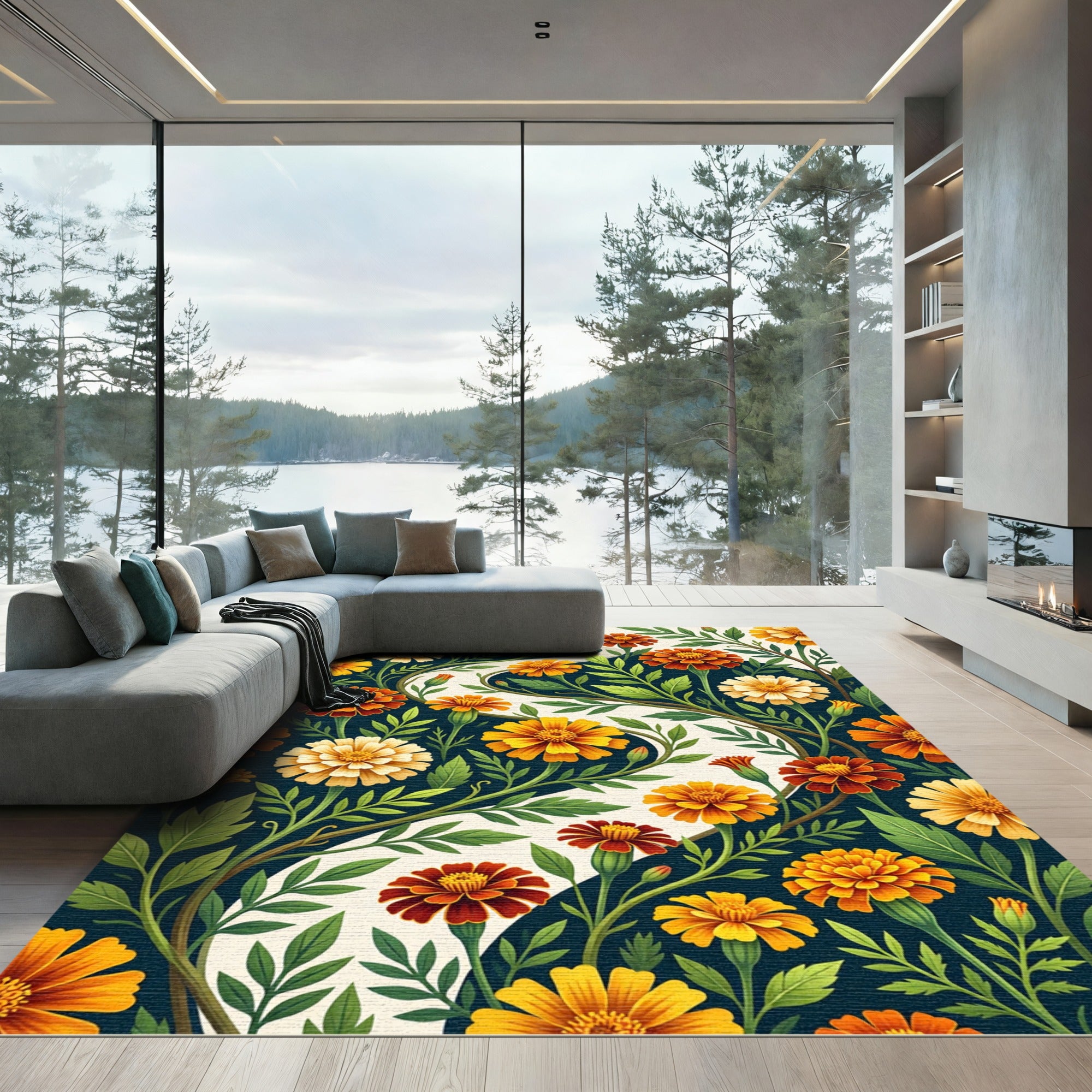 Vibrant Marigold Floral S-Curve Winding Rug