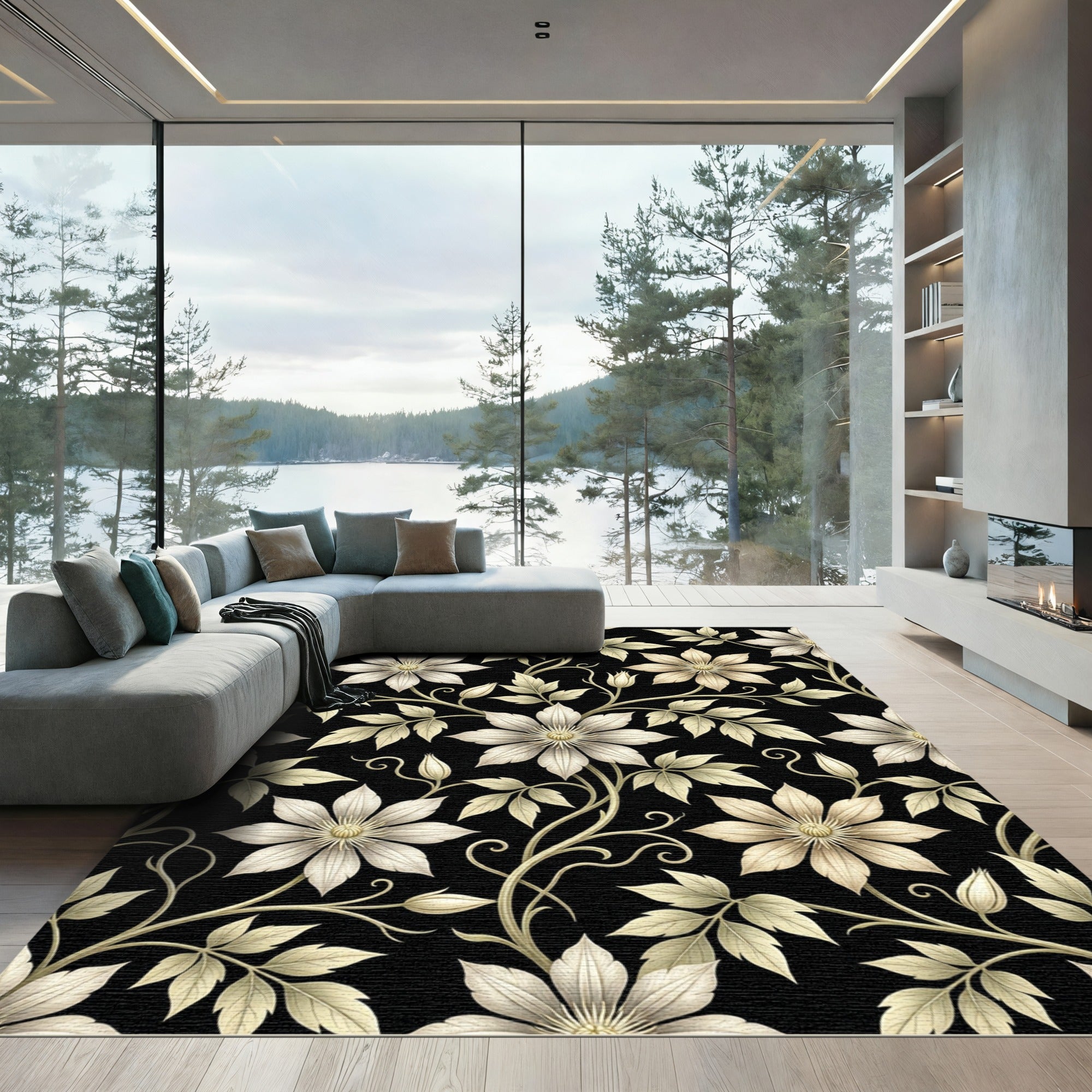 Cream Floral Vine Black Canvas Rug