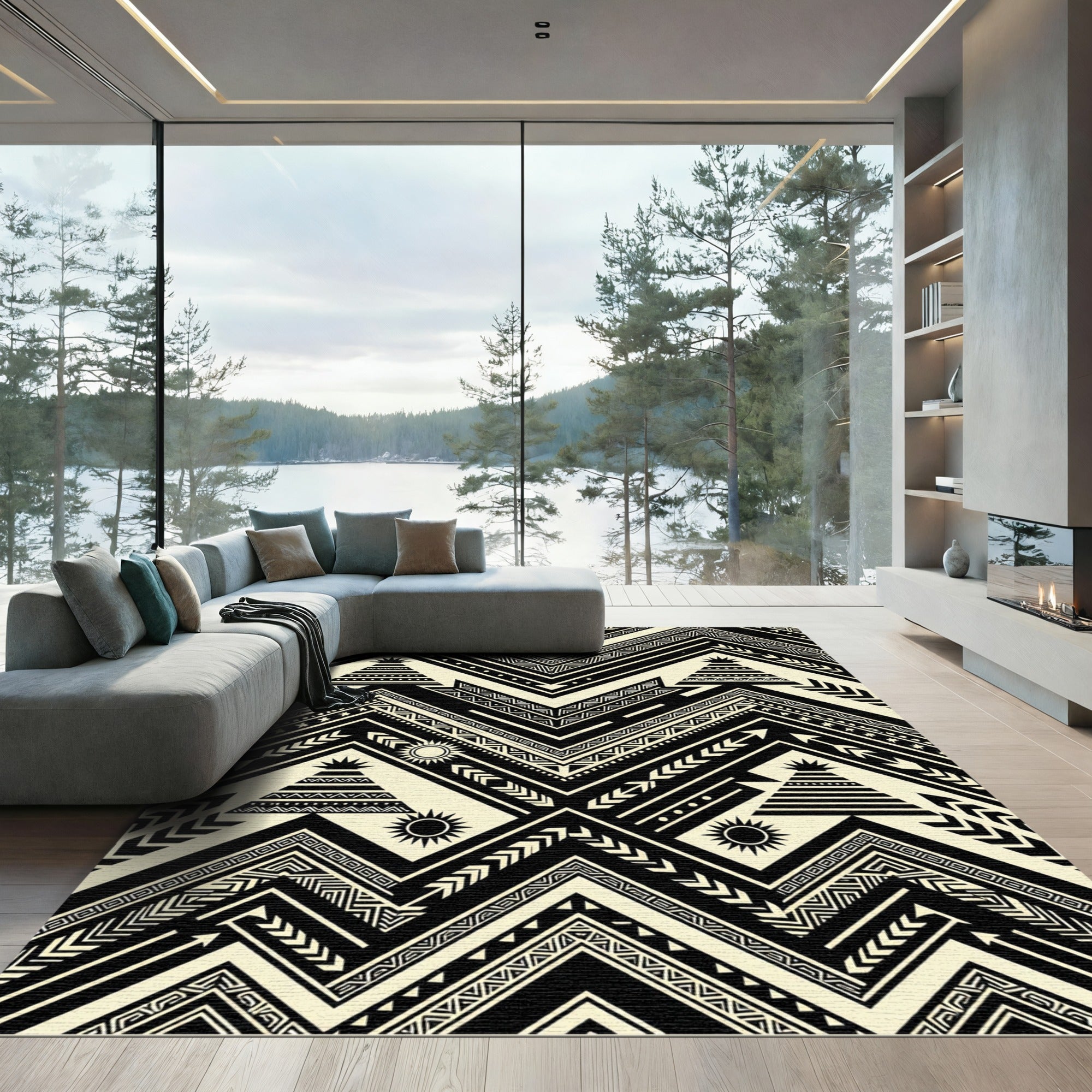 Black Cream Tribal Sun Tipi Zigzag Rug