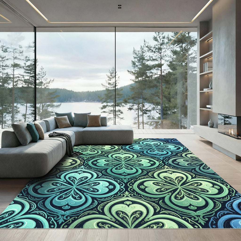 Elegant Teal Clover Damask Medallion Rug