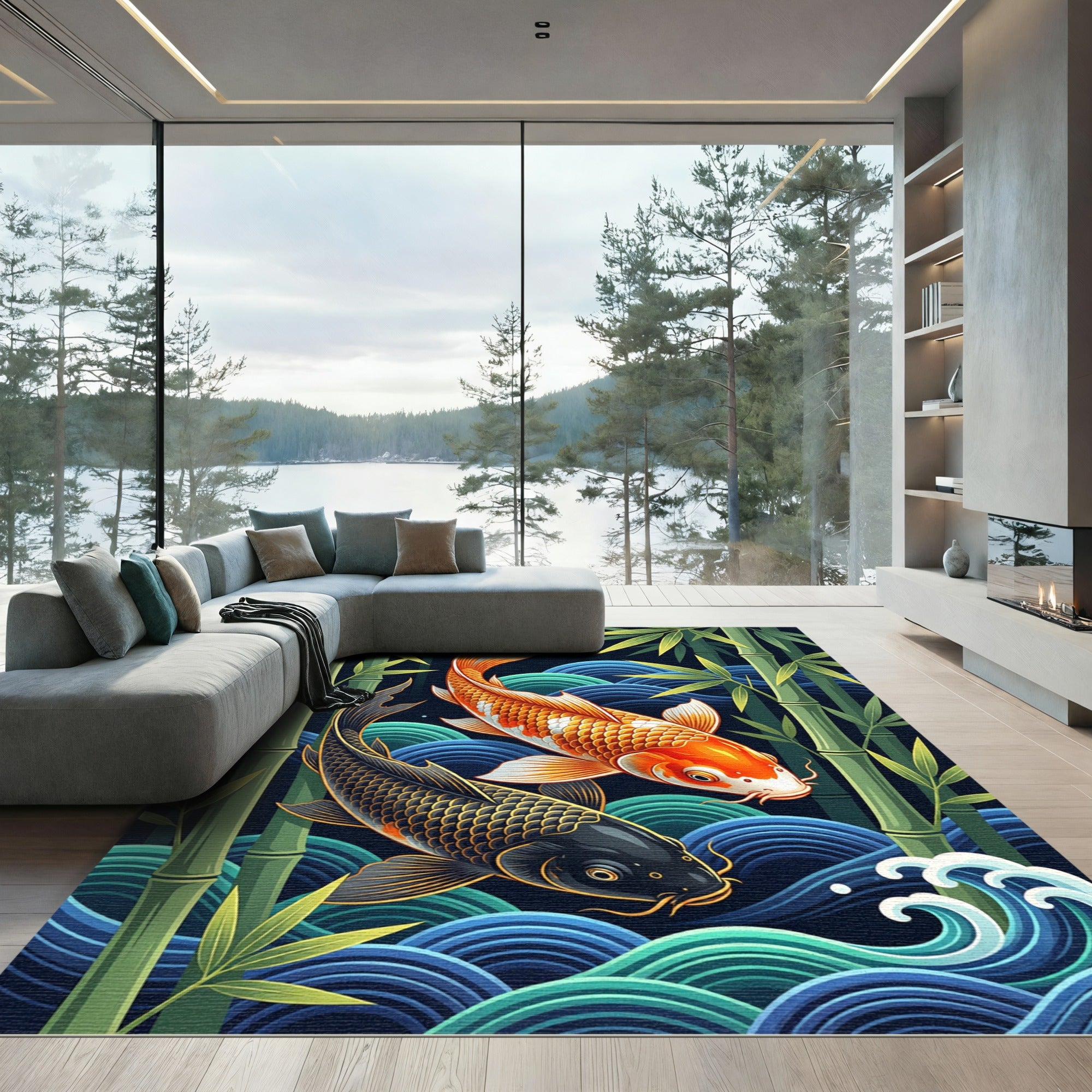 Vibrant Koi Fish and Bamboo Waves Rug