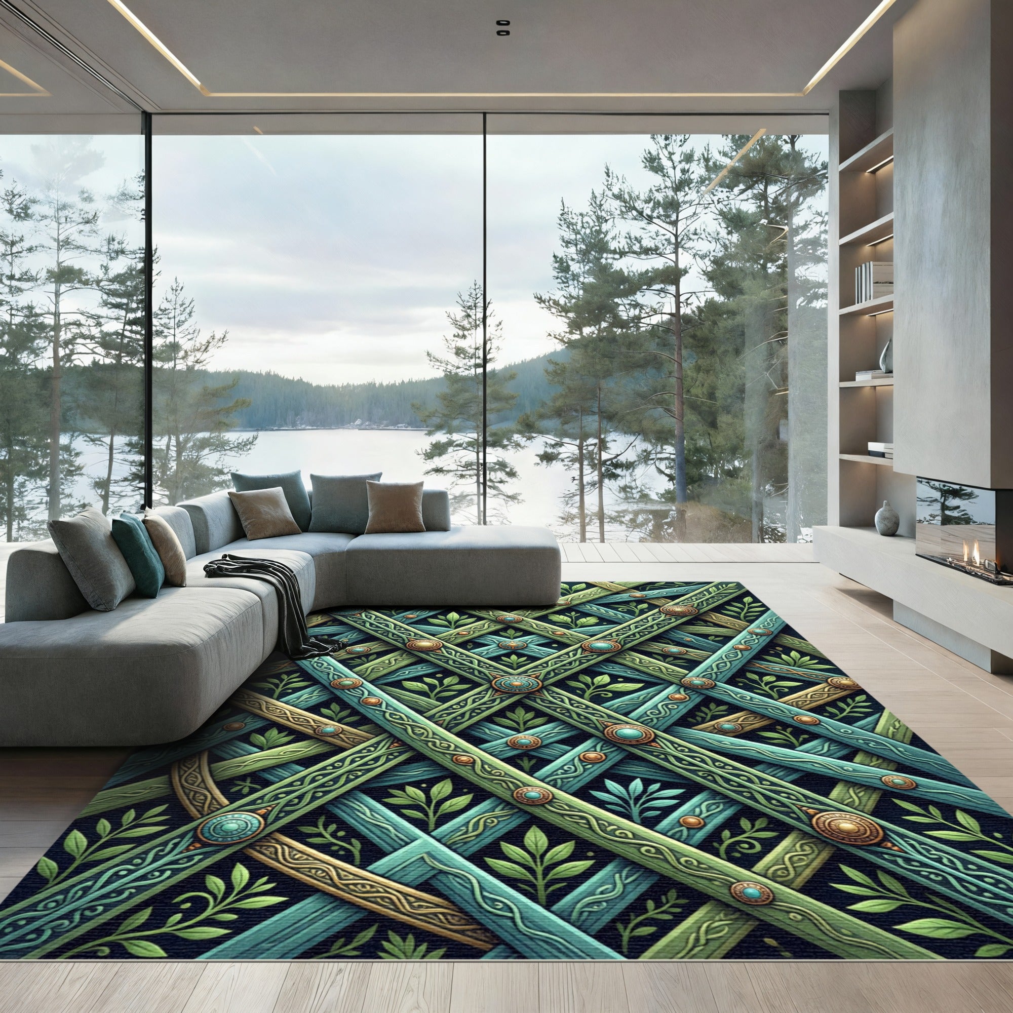 Green Blue Interwoven Leaf Medallion Rug