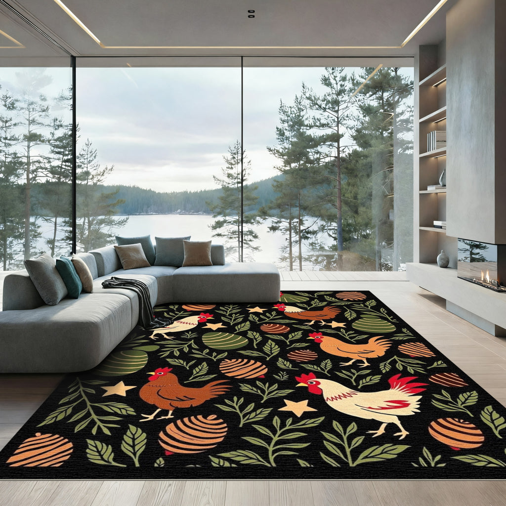 Whimsical Rooster Egg Garden Black Rug