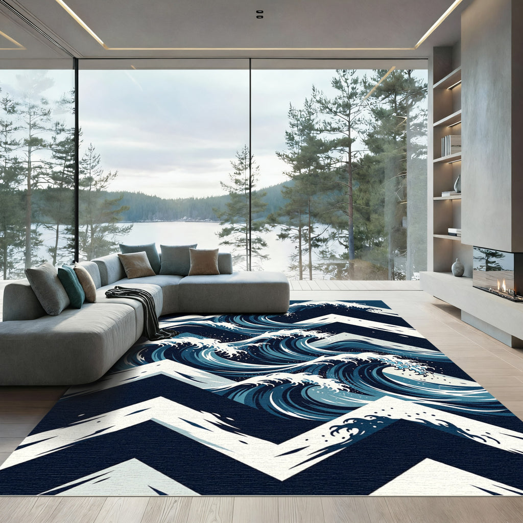 Japanese Wave Chevron Navy Area Rug
