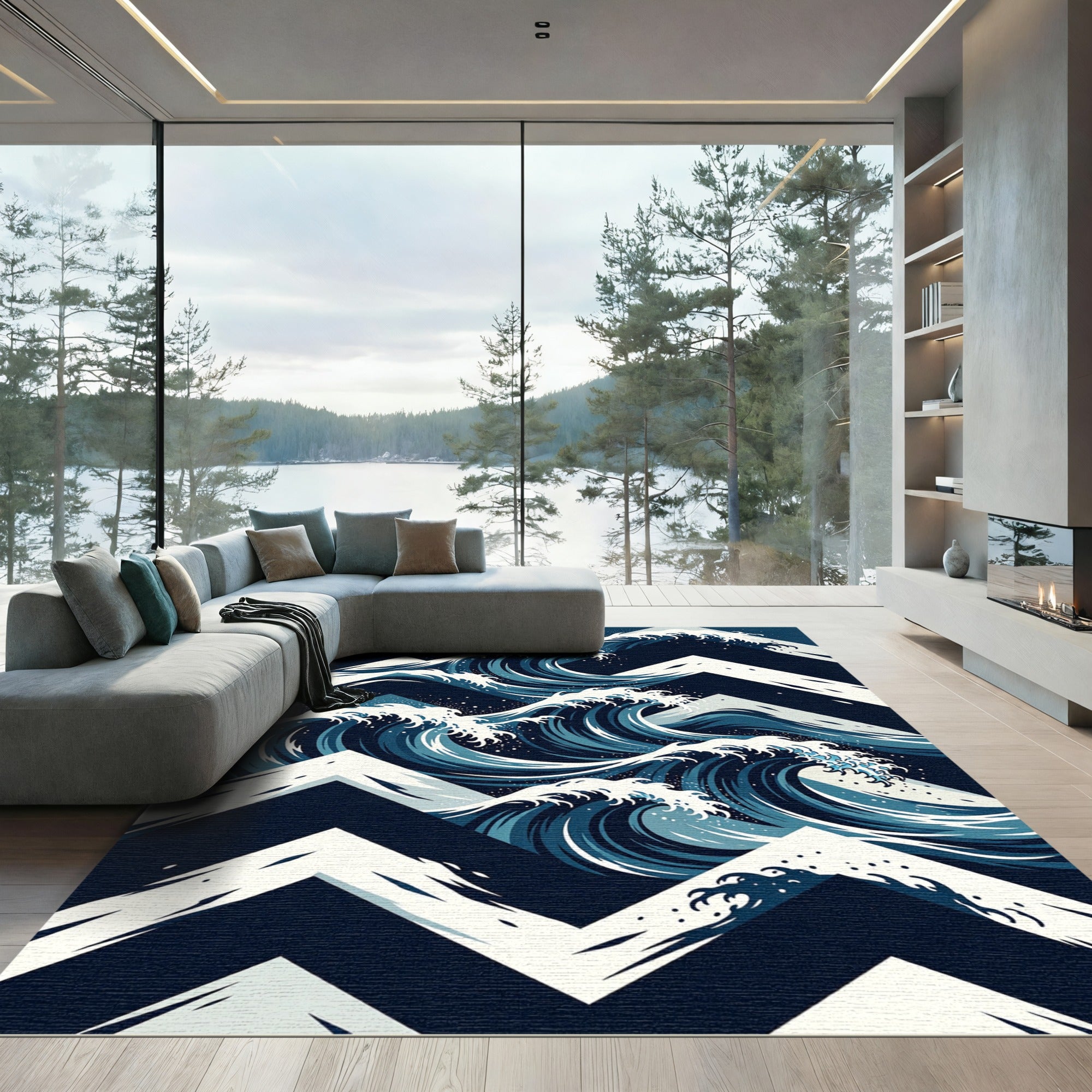 Japanese Wave Chevron Navy Area Rug