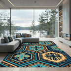 Teal and Gold Geometric Hexagon Medallion Rug
