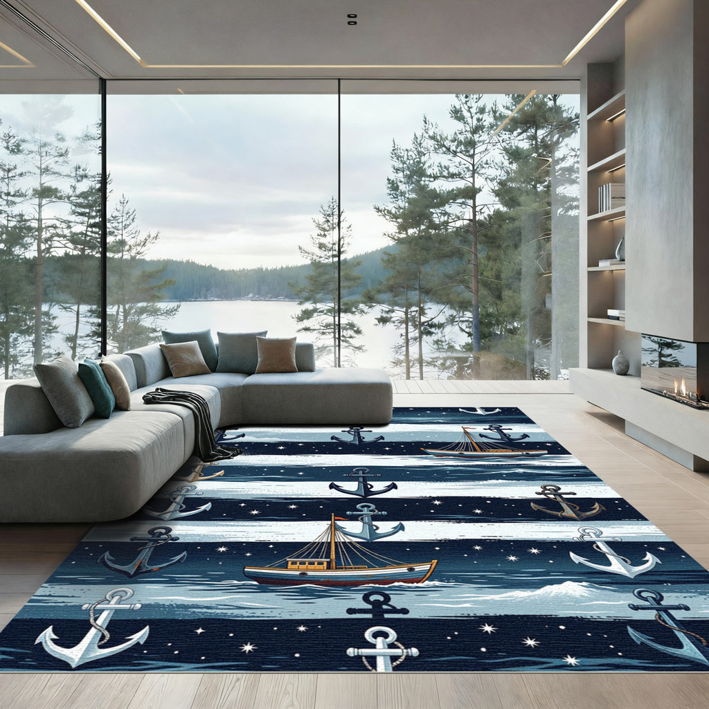 Navy Nautical Anchor and Boat Striped Rug