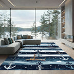 Navy Nautical Anchor and Boat Striped Rug