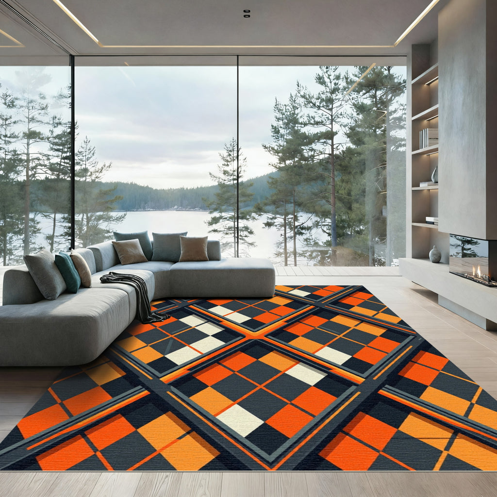 Tartan Orange Intersecting Diamond Composition Rug