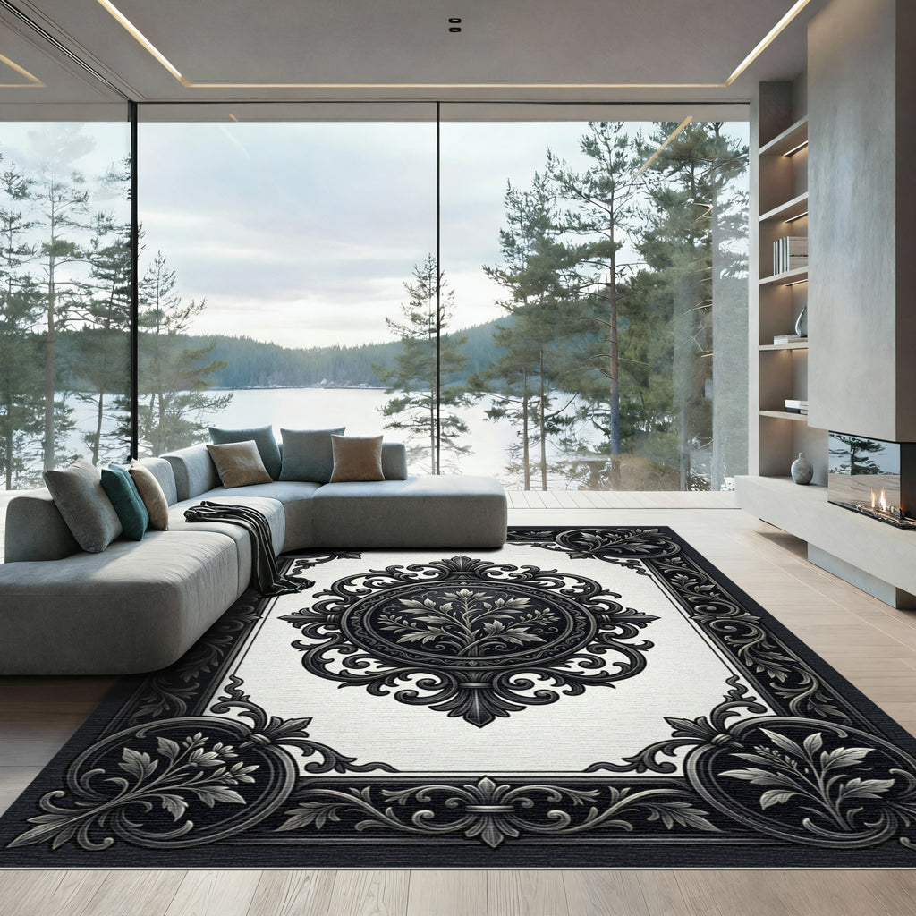 Ornate Black and White Scroll Leaf Rug