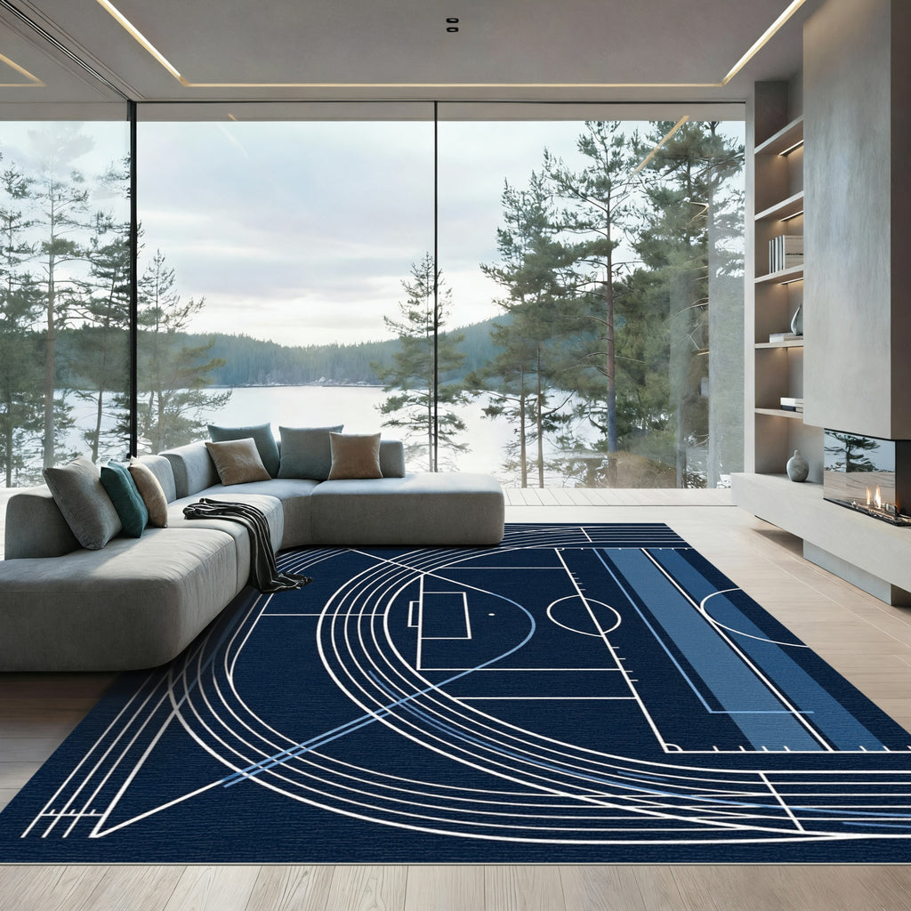 Minimalist Navy Blue Athletic Track Graphic Rug